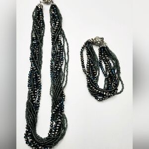 Premier Designs Necklace Bracelet Glass Seed Beads Silver Blue Connectable